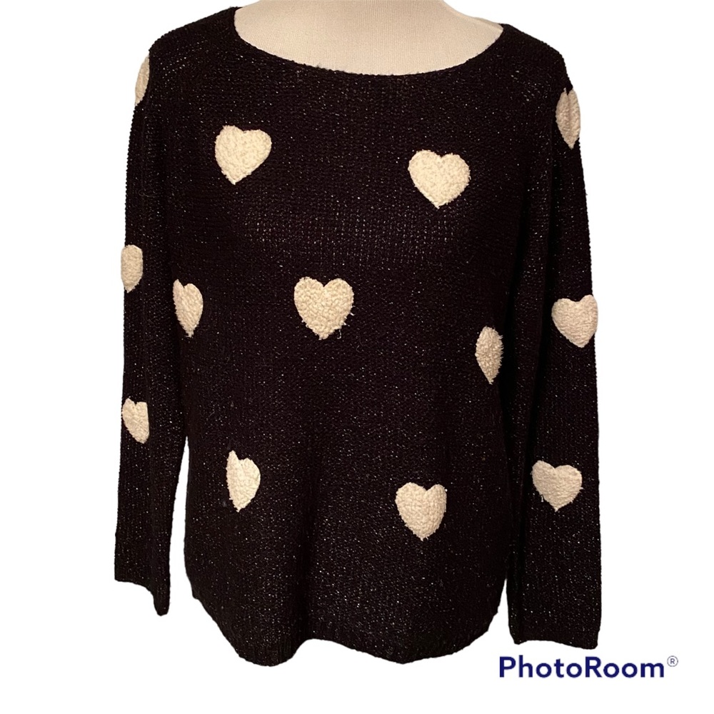 LC LAUREN CONRAD SWEATER CREWNECK ROUND BLACK SHIMMER PUFFY CREAM HEARTS Size L